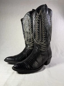 COWTOWN COWBOY BOOTS VINTAGE MADE IN USA LIZARD BLACK LEATHER MENS 9.5 DD - Picture 1 of 23