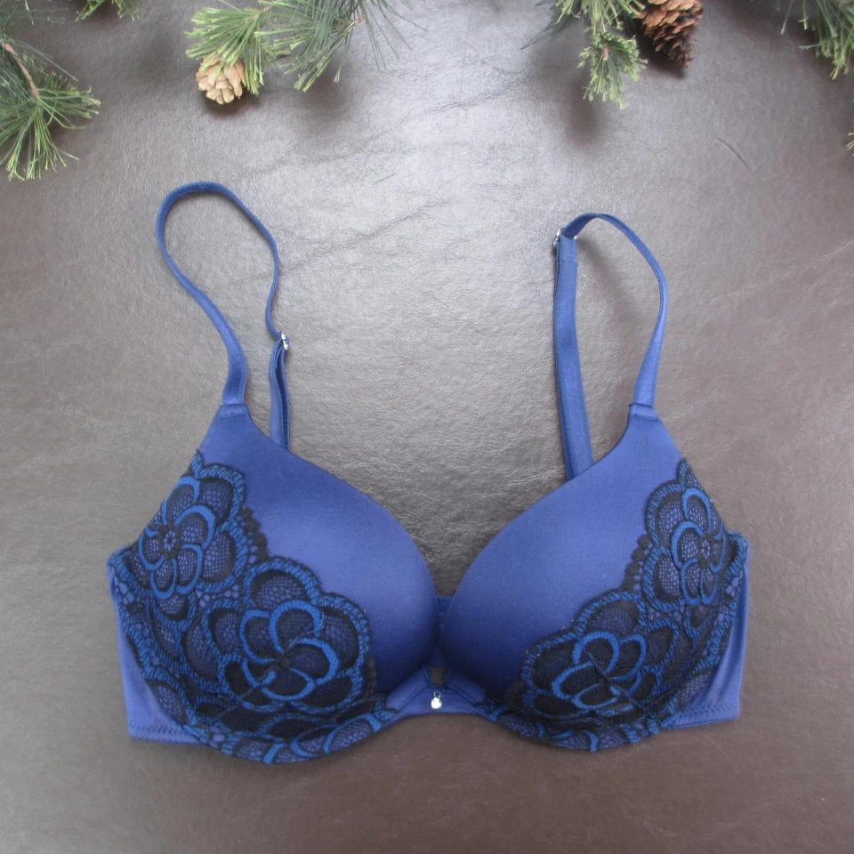 Adore Me Bra Womens 30D Blue Black Lace Push Up Padded Adjustable Straps - Image 1 of 4