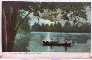 New York 1000 Islands People Canoeing in Moonlight Antique Postcard c1900 - Picture 1 of 2