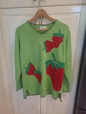 Women’s  The Quacker Factory Green Strawberry Knit Sweater Sz Large - Image 1 of 4