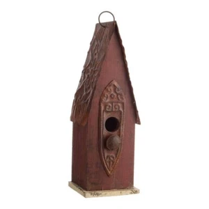 Rustic Brown Solid Wood & Iron Perch Metal Roof Bird House Hanging - Picture 1 of 4