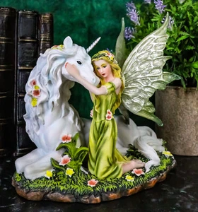 7 Inch Green Winged Fairy with Magical Unicorn Statue Figurine - Picture 1 of 10