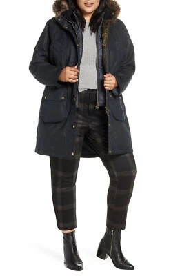 Barbour Thrunton Waxed Cotton Jacket w/ Faux Fur Trim - Navy Blue - Plus Size 3X - Image 1 of 4