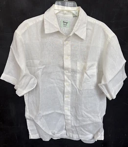 Vintage Linen Button Front Shirt Mens Medium Off White 100% Linen Short Sleeve - Picture 1 of 7