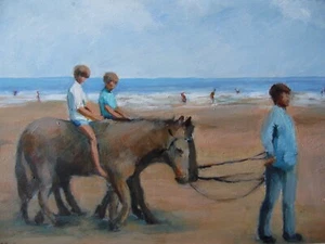 Paseo en burro para niños en el mar. Aceite vintage original de Ena Barrett - Imagen 1 de 6