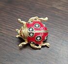 Ladybug Brooch Vintage Red & Black Enamel & Crystal Rhinestones  Gold Cute!