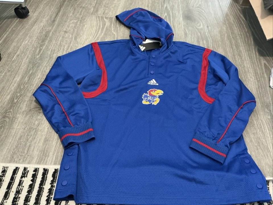 ADIDAS KANSAS UNIVERSITY JAYHAWKS ROYAL BLUE MESH SNAP HOODIE ADULT SZ LRG