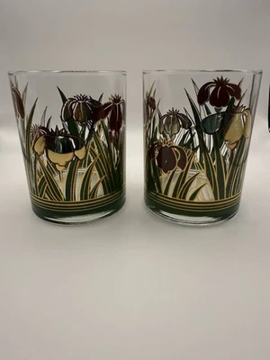 Culver Cinnabar Crimson, Green 22 KT Iris Lowball 12 Oz Set Of 2 - Image 1 of 4