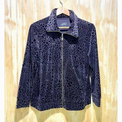 Style & Co. sport velour hoodie jacket annimal print chocolate brown Zip women L - Image 1 of 4