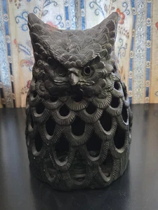 Vintage schwarz Gusseisen Eule japanischer Kerzenhalter Laterne 7 "hoch 5" breit - Bild 1 von 7