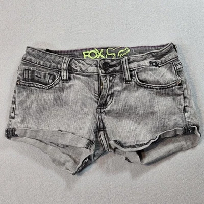 Pantalones cortos de mezclilla Fox Racing para mujer 0 gris tiro bajo corte tachonado logotipo de cabeza de zorro Foto 1 de 4