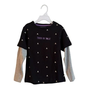 Denim & Flower Halloween Trick or Treat Long Sleeve Shirt Kids Sz 4 Skull Print - Picture 1 of 4