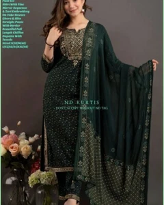 Green Embroidery Work Salwar Kameez Dupatta Set Indian Handmade Kurti Pant Dress - Picture 1 of 6