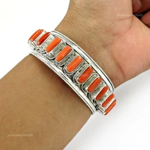 Cushion Coral Stone Root Chakra Wife Mothers Gift Bangle Bracelet Solid Silver - Picture 1 of 6