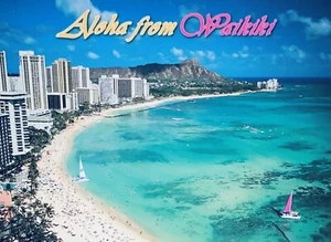 Aloha von Waikiki Hawaii Postkarte tagsüber Wasser Strand Blick unbesendet NEU - Bild 1 von 2