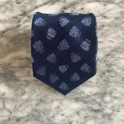 UNGARO Men's 100% Silk Italy Navy with Blue Floral Leaf Print~3.75" J106 - Image 1 of 4