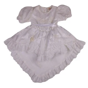 Vintage 80s White Formal Dress Size 1yr Satin Puff Sleeve Lace Trim Party - Picture 1 of 12
