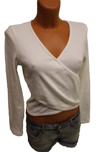 Shirt M passt S 36/38 langarm gerippt T-Shirt kurzes Rippshirt weiß Wickeloptik - Bild 1 von 4
