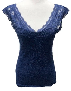 Express Lace Top Womens Size S Blue V Neck Sleeveless Cami Stretch Career Preppy - Picture 1 of 11