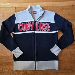 Cárdigan tejido con cremallera Y2K Converse suéter XL* letras en bloque gris marino RARO de colección - Imagen 1 de 11