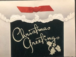 Vtg Christmas Greeting Card Flocked Christmas Greeting Gift Box Real Red Bow - Picture 1 of 4