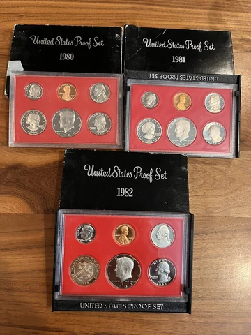 1980,1981, 1982 United States Mint Proof Set Original Packaging 3 Sets-17 Coins Cover