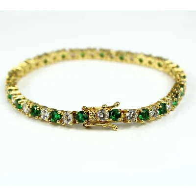 Women's Tennis Bracelet For Gift Round Natural Emerald & Diamond 14k Yellow Gold - Image 1 of 4