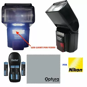 DEDICATED PRO FLASH + LED VIDEO LIGHT + RECHARGEABLE BATTERIES FOR NIKON D3400 - Picture 1 of 3