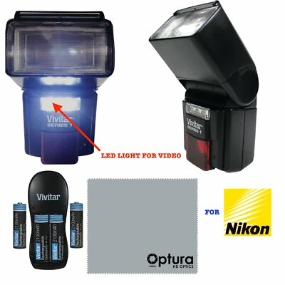 VIVITAR Photo Professional Flash Kit for NIKON DSLR CAMERAS + RECHARGEABLE BATT - Image 1 of 3
