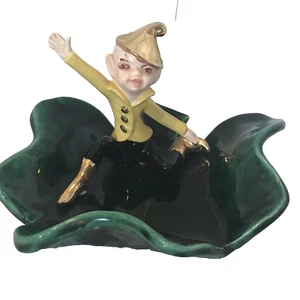 Vtg Irish boy Pixie Elf Fairy Green Clover Trinket Dish Plate Yellow Gold SM89 - Picture 1 of 9