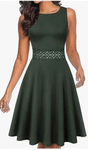 OWIN Dark Olive Green Lace Waist Inset Knee Length Fit Flare Dress Sz S 4 - Picture 1 of 3