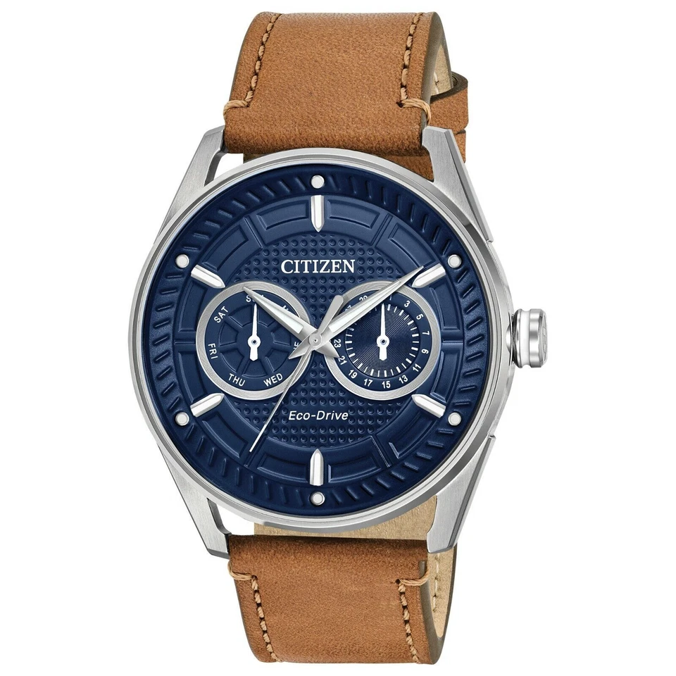 Citizen Eco-Drive 42 mm Silver Stainless Steel Case with Brown Leather Strap Men's Wristwatch