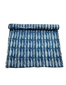 Fish Print Quilt Kantha Throw Reversible Bedding Handmade Block Print Quilt - Picture 1 of 7