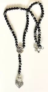 King QUEEN Baby BIG paved Heart Rosebud Rosary 146g Sterling Onyx Bead Necklace - Picture 1 of 10