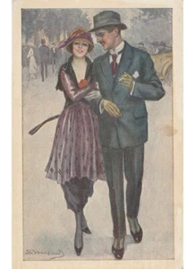 Non Viaggiata S. Bompard antica cartolina innamorati moda d'epoca passeggiata - Imagen 1 de 2