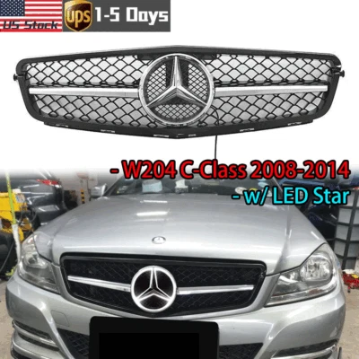 Front Grille w/LED Star For Mercedes Benz 2008-2014 W204 C-Class C300 C250 C350 - Image 1 of 4