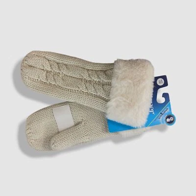 Isotoner Signature Women's Ivory Lined Cable Knit Mitten with Faux Fur Cuff - Изображение 1 из 4