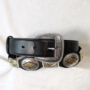 Ceinture homme Tony Lama 38 cuir concho noir western 9193L argent or festonné - Photo 1/10