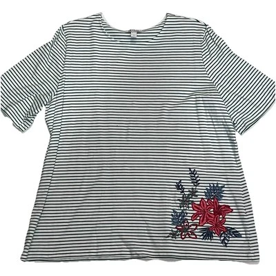 Camiseta Top Denim & Co Blanca Verde Rayas Bordada Floral XL Cuello Redondo Nueva 9095 Foto 1 de 4