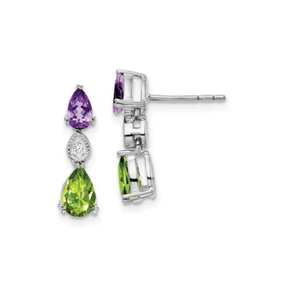 14k White Gold Dangle Earrings Amethyst Peridot Diamond Drop Formal Jewelry - Image 1 of 4