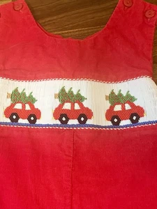 ANAVINI Smocked Christmas Tree Trucks Red Corduroy Longall Romper NWOT Boys 24mo - Picture 1 of 8