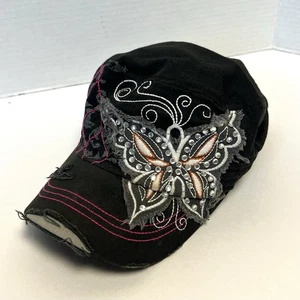 Sombrero Mariposa Ajustado Negro Cadete Gorra Bordada Envejecido Capricho Grunge - Imagen 1 de 5