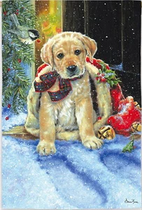 NEW LARGE EVERGREEN CHRISTMAS FLAG ADORABLE GOLDEN PUPPY DOG WITH BOW 29 X 43 - Picture 1 of 1