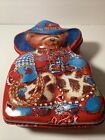 Vintage Giftco COWBOY TEDDY BEAR Shaped TIN Chaps Red Bandanna Spurs Boots