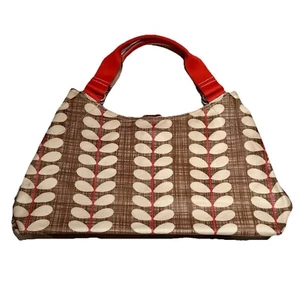 Orla Kiely Solid Stem Print Classic Shoulder Tote Satchel Bag Tan Red - Picture 1 of 22