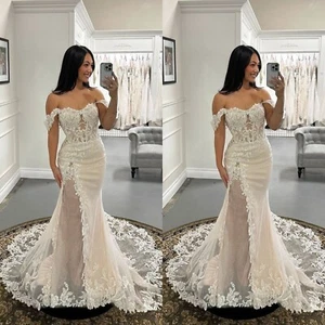 Champagne Wedding Dresses Glitter Beach Sexy Mermaid Off Shoulder Bridal Gowns - Picture 1 of 10