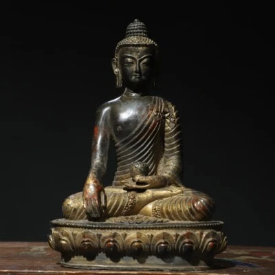 7.48" Antiguo Budismo Tibetano Cobre Negro Oro Color Amitabha Escultura Foto 1 de 4