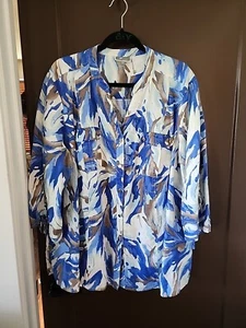 JM Collection Sz 22w Linen Big Shirt Tunic watercolor Splash Blue Beachy Resort - Picture 1 of 6