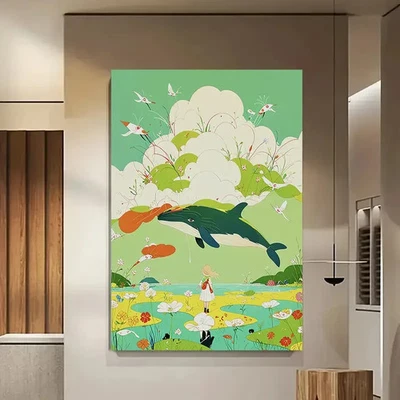 Framed Flying Whale Wall Art 8x12 Fantasy Girl & Sky Scene for Dreamy Room Décor - Image 1 of 4