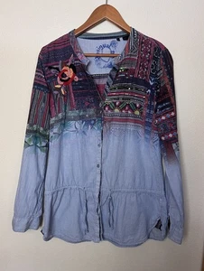 Desigual Button Up Embroidered Sequin Cotton Tunic Shirt Women’s Sz Large Blue - Picture 1 of 8